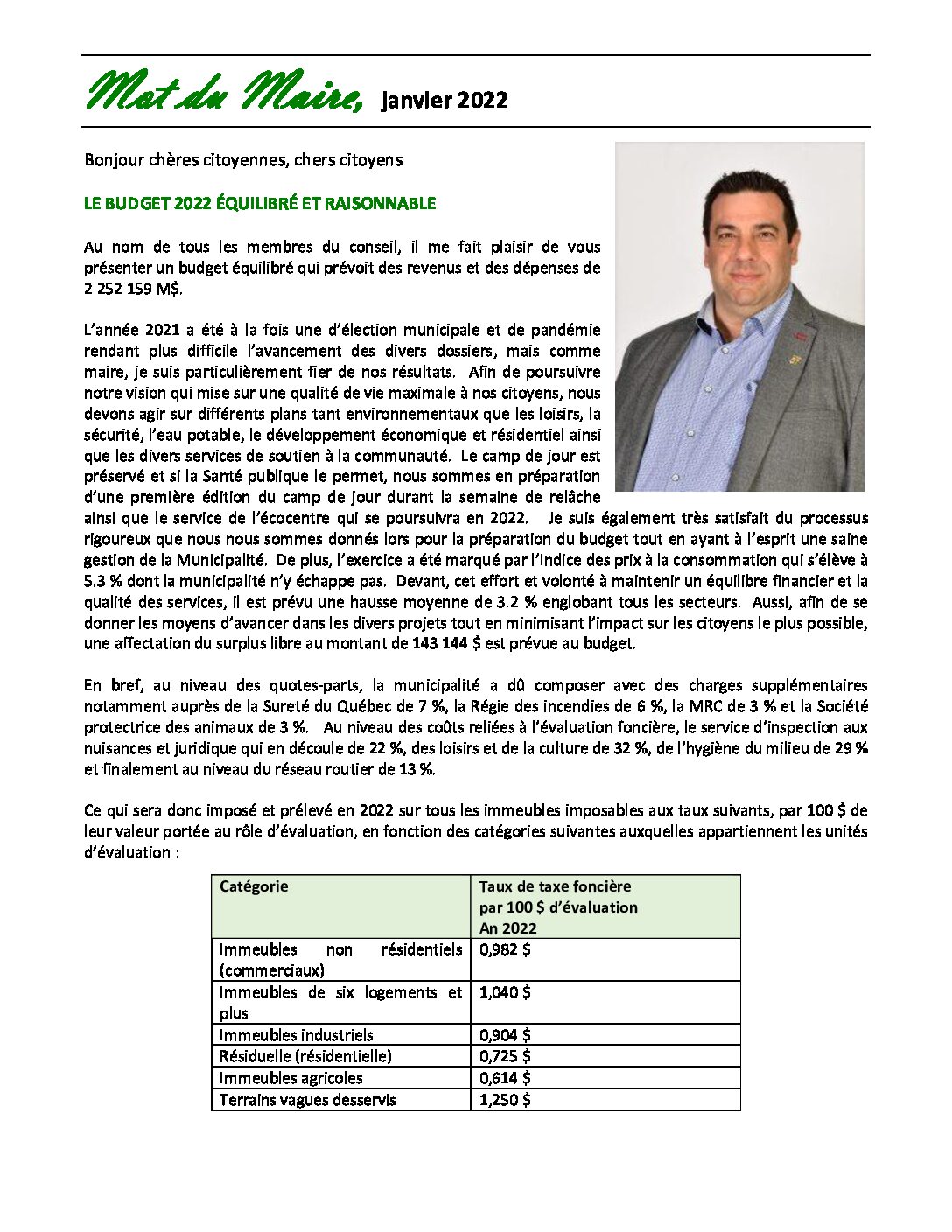 Mot du maire JANVIER 2022_Budget et PTI Municipalité de SainteEulalie