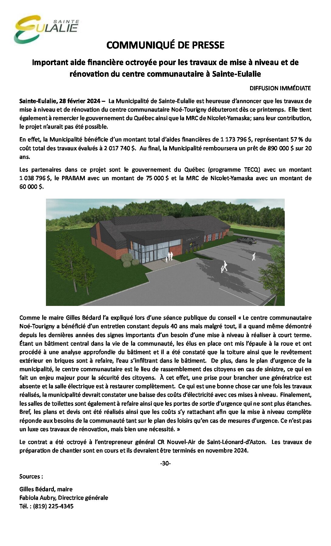 COMMUNIQUÉ DE PRESSECentre communautaire Municipalité de SainteEulalie